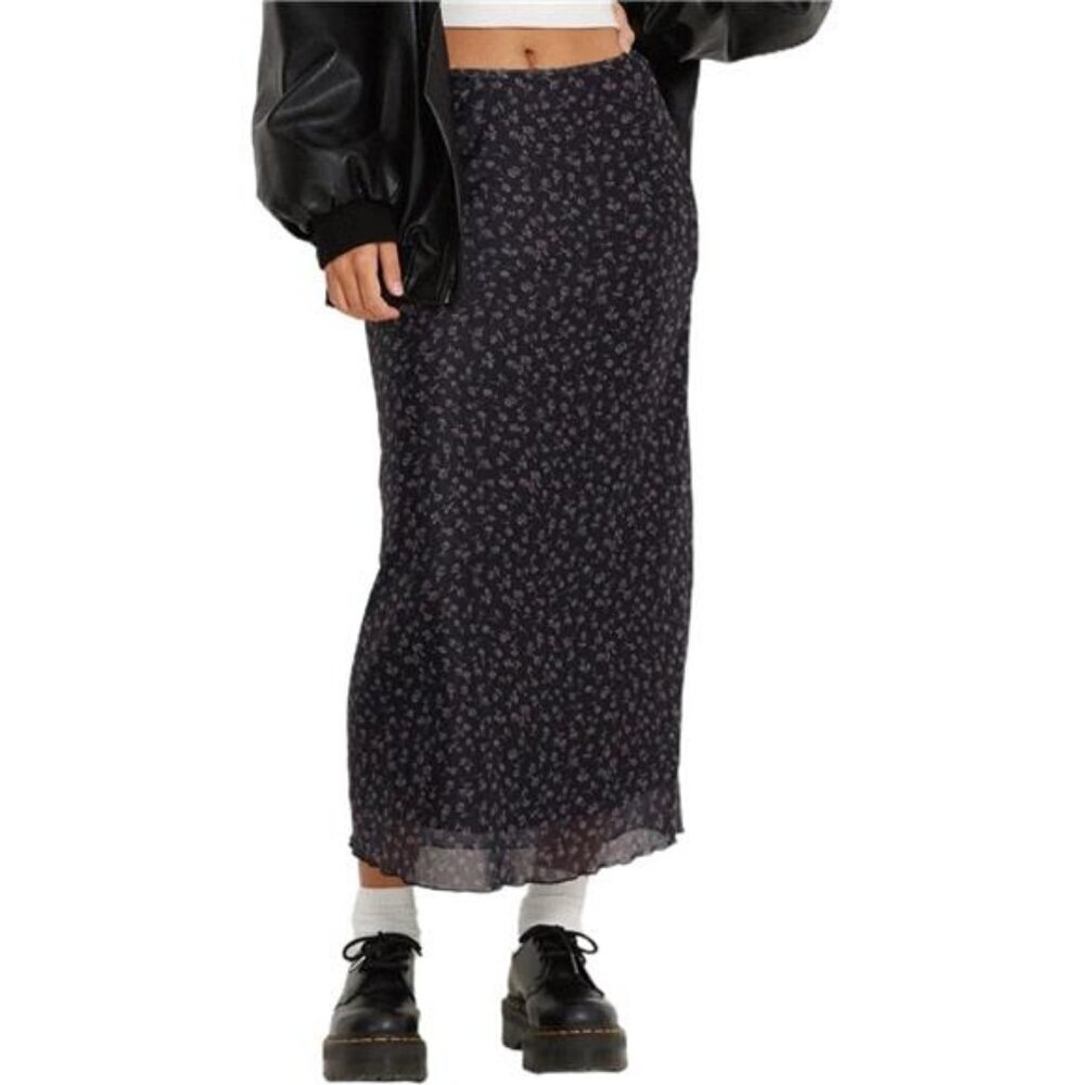 Boho Floral Midi Skirt High Waist Lettuce Trim A-Line
